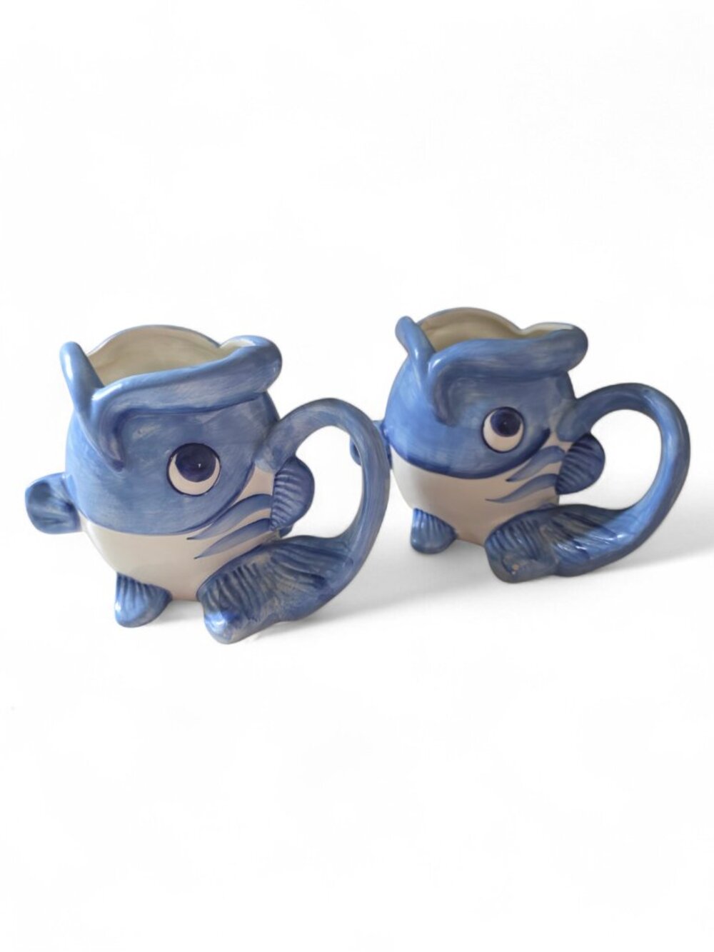 Vintage Hand-Painted Blue & White Ceramic Fish Creamers – Set of 2